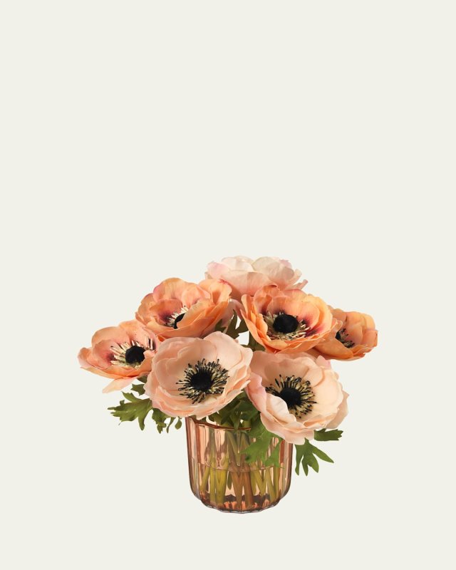 Peach Anemones 9" Faux Floral Arrangement in Amber Glass Vase